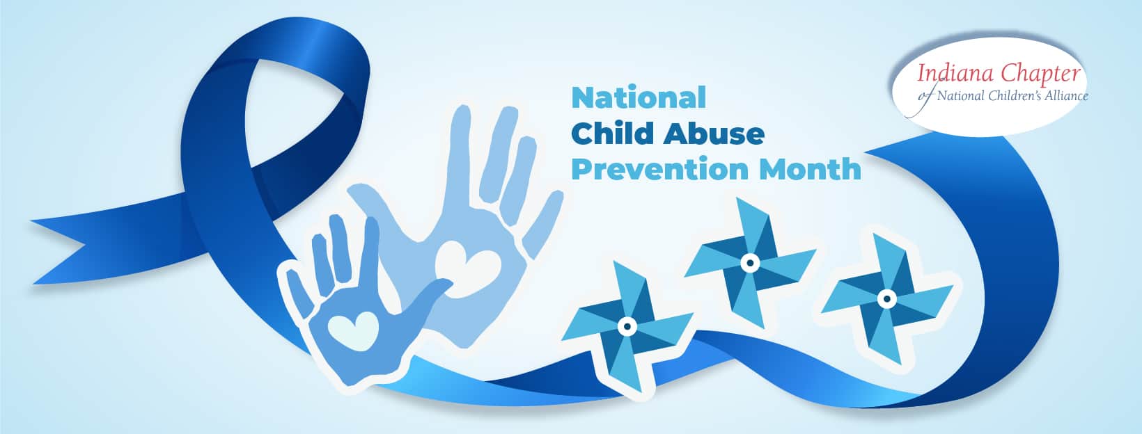 A banner of blue pinwheels and ribbons saying National Child Abuse Prevention Month