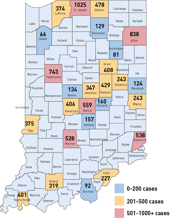 A map of Indiana with color-coded counties corresponding to caseloads of CACs located in those counties.