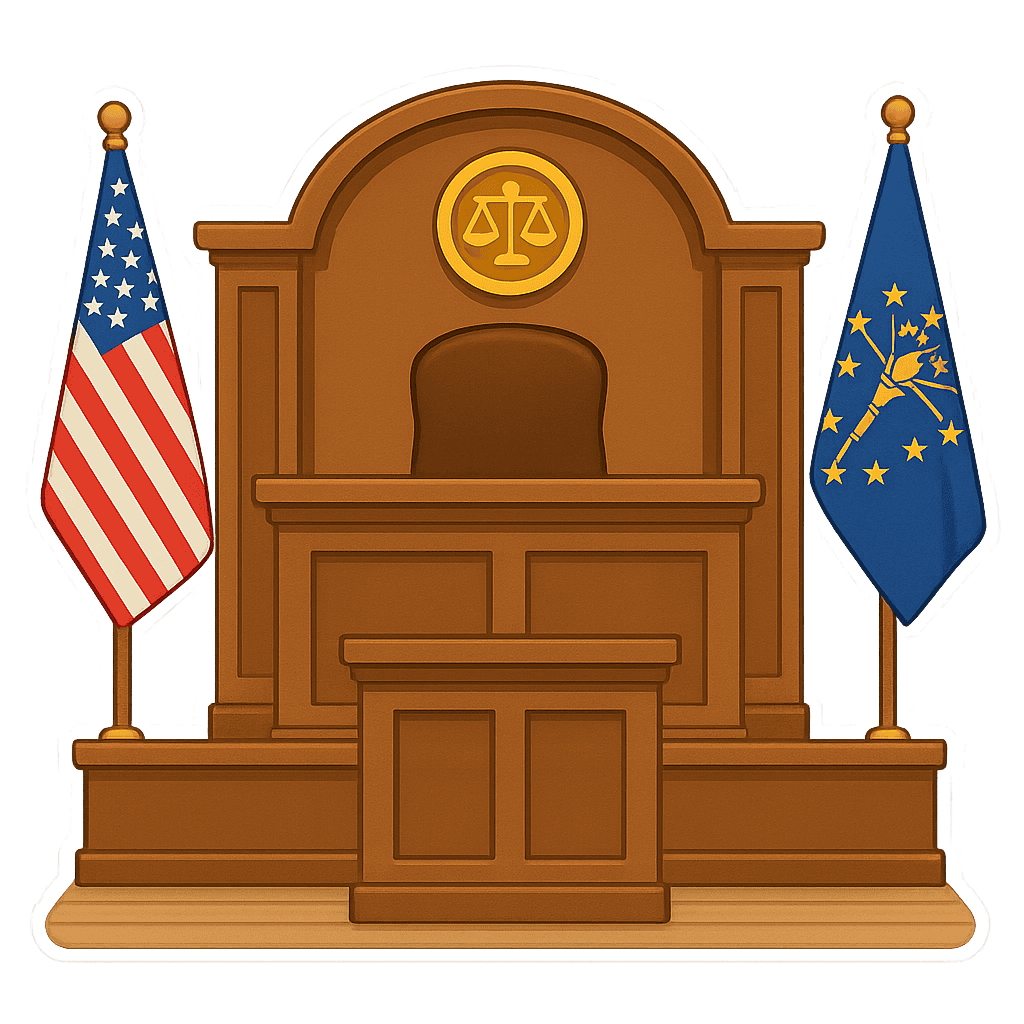 An image of a judge's bench, with seal, US Flag, and Indiana flag.