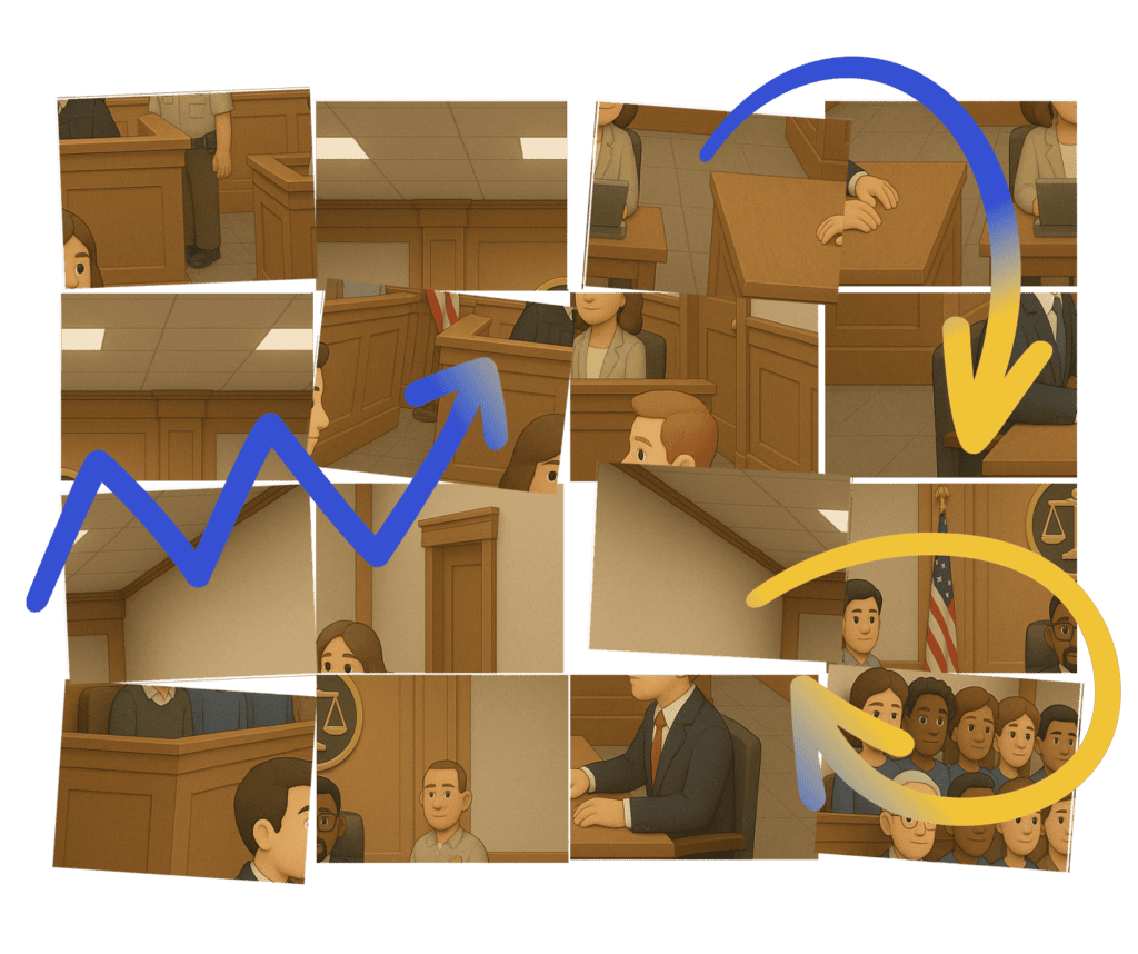 A jumble of tiles showing a courtroom scene with arrows on tops