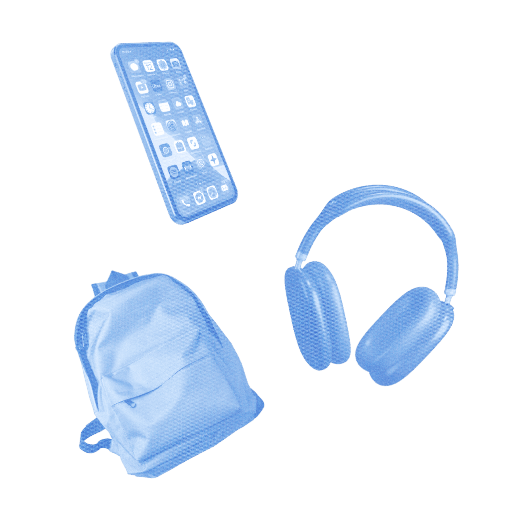 An iPhone, backpack, and AirPods Max