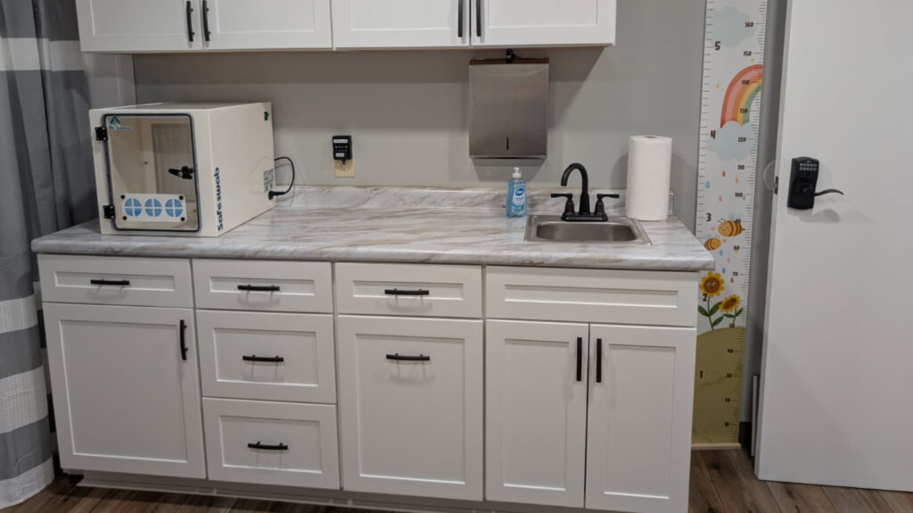 McKenzie’s Hope medical exam room counter and supplies