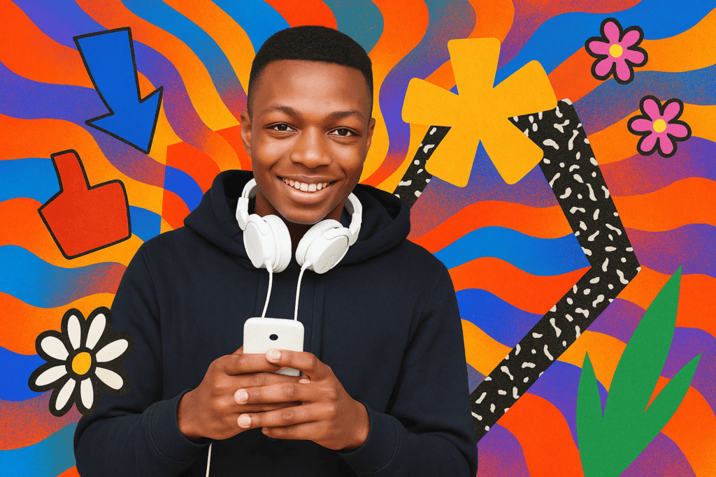 A young man with a phone and headphones in a black hoodie