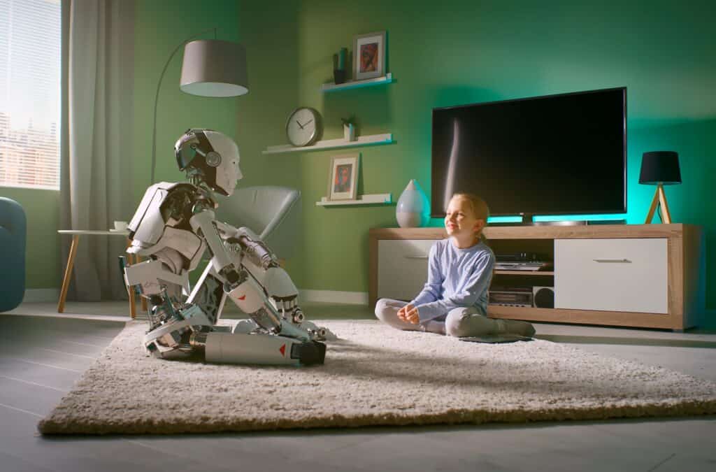 A close up of a young girl talking to a robot on a living room floor.